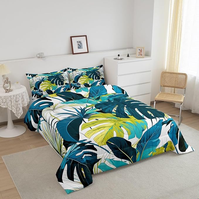 jejeloiu Palm Leaf Comforter Set Full Size Kids Tropical Leaves Bedding Set for Boys Girls Summer Boho Botanical Branches Nature Theme Duvet Quilt Room Decor