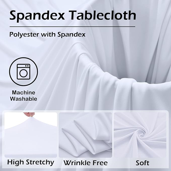 6 pk White Spandex Table Cloth Rectangle 8ft with Ruffle Skirt,Wrinkle Free High-Stretch Fitted Tablecloths for 8 Foot Rectangle Tables,Elastic Spandex Table Covers 8 ft for Parties Weddings Banquet