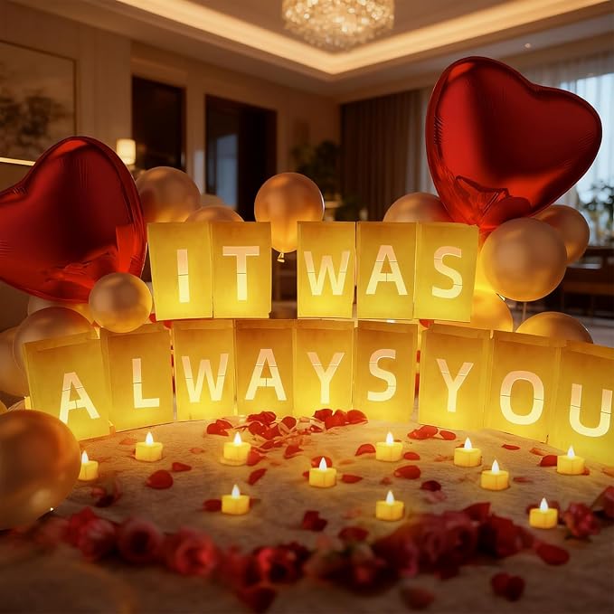 It Was Always You Decorations – Romantic Decoration Kit with Light Up Letters, 30 Tea Light Candles, 2000 Rose Petals, 10 Balloons – Luminary Bags for Anniversary Surprise
