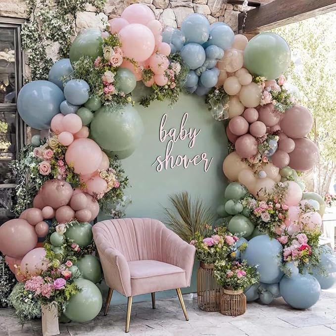 Pink Blue Green Balloon Arch Double Stuffed Dusty Green Pastel Blue Blush Mauve Latex Balloon Garland Kit for Boho Baby Shower Gender Reveal Floral Birthday Tea Party Decoration