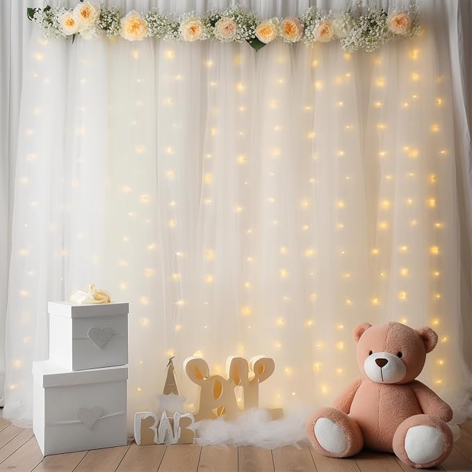 10x8ft White Tulle Backdrop Curtain with Lights String for Parites, Sheer Backdrop Curtains for Wedding Baby Shower Birthday Party Photo Shoot Decorations
