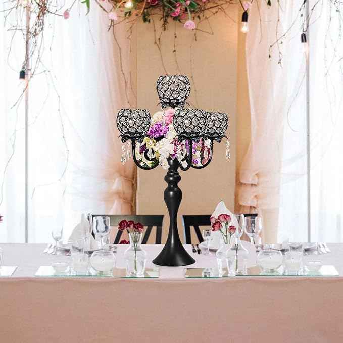 Set of 4 Crystal Tea Light Candle Holders - 22.5" Tall Metal & Crystal Centerpiece with Weighted Base for Birthday Valentine Dinner Table Decor- Matte Black