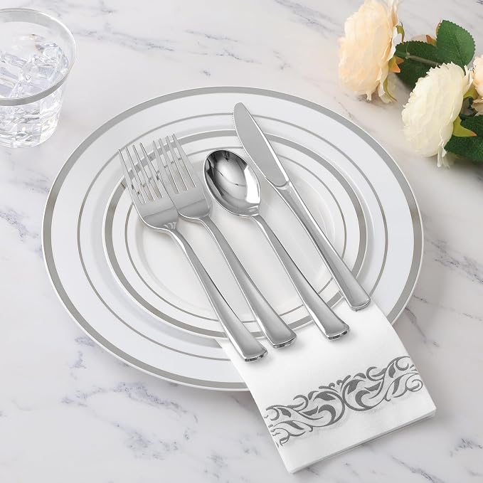 Goodluck 175 Pieces Silver Dinnerware Set for 25 Guests, Plastic Plates Disposable for Party, Include: 25 Silver Dinner Plates, 25 Dessert Plates, 25 Paper Napkins, 25 Cups, 25 Silverware Set