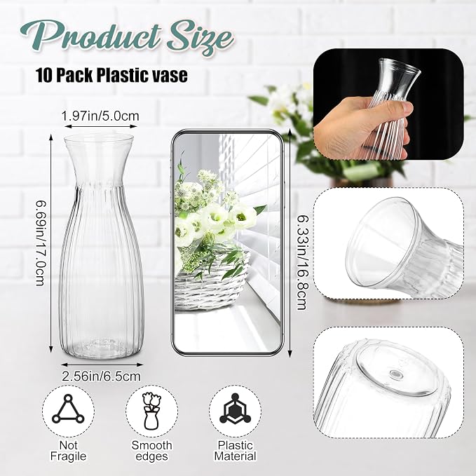 Zeyune 31 Pcs Rose Artificial Flowers with Vase Bulk for Table Centerpiece, 20 Bundles Fake Silk Roses 10 Plastic Clear Vase with 1 Pcs Rope Arrangement Decoration Wedding Home Party(Pink)