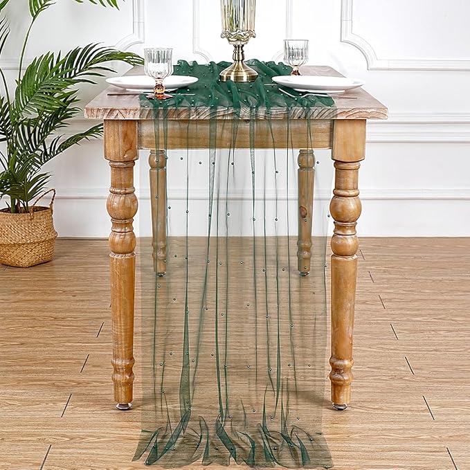 Pearl Table Runner Tulle Fabric: 10ft Pearl Kitchen Linen 29x120 Inch Emarald Green Sheer Gauze Fabrics 6pcs for Wedding Decor Birthday Party St. Patrick's Day Dining Table Cover