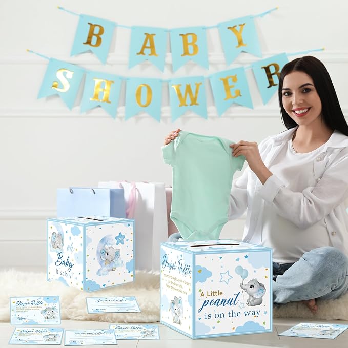 Teling 51 Pieces Diaper Raffle Tickets with Card Box Baby Shower Decorations Baby Shower Holder Box for Girl Boy Diaper Raffle Party(Blue Elephant)