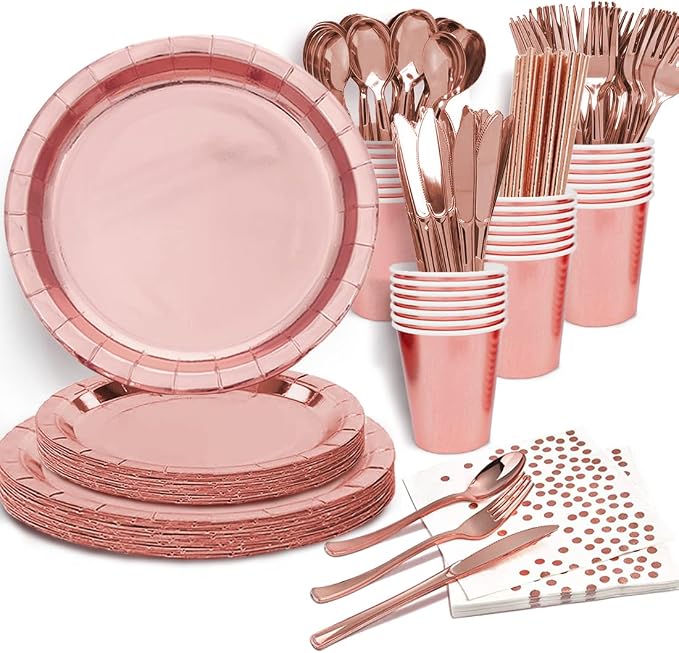 Rose Gold Birthday Party Favors for Women Rose Gold Plates and Napkins Party Supplies,Disposable Paper Plates and Cups Set for First Day of School,Bridal Shower,Baby Showers,Christmas, Serves 20