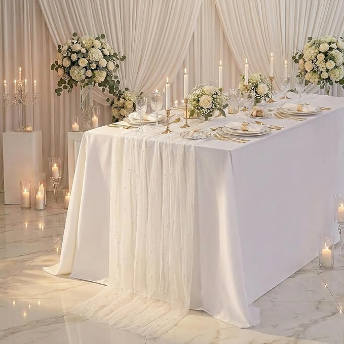 LuoluoHouse Pearl Tulle Table Runner Fabric: Beige 10ft Wedding Veil Seasonal Dessert Chiffon Pearl Lace Boho Overlay Wedding Aisle Runner Party Decorations Doilies 3pcs