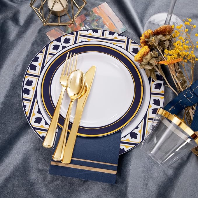 Nervure 175PCS Blue Plastic Plates - White Blue Gold Disposable Plates Include 25Dinner Plate, 25Dessert Plate, 25Cups, 25Forks, 25Knives, 25Spoons, 25Napkins for Wedding & Party