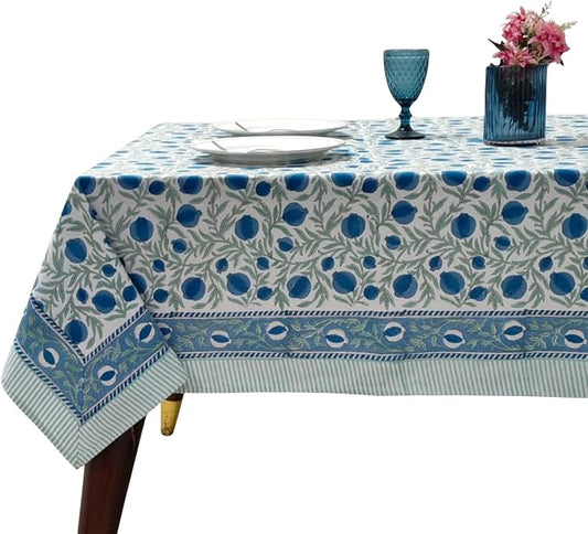 Ridhi Queen Blue Hand Block Print Cotton Rectangle Tablecloth 140" x 72" inches Reusable Table Cover Decorative Everyday Use for Dining Room, Farmhouse, Home Gift for Spring, Mother's Day