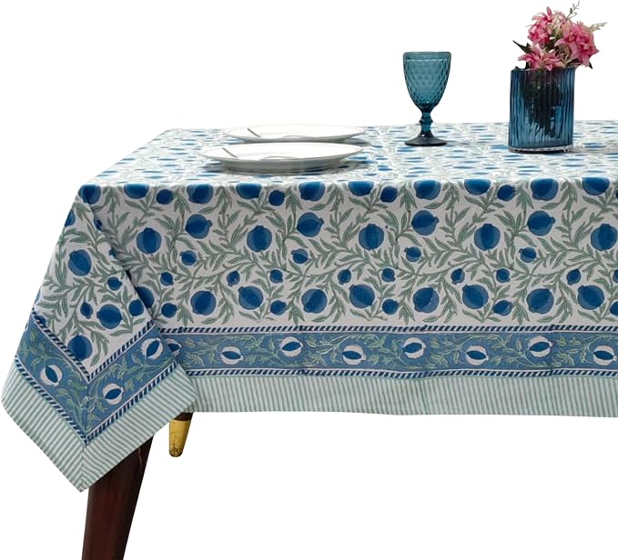 Ridhi Queen Blue Hand Block Print Cotton Rectangle Tablecloth 120" x 60" inches Reusable Table Cover Decorative Everyday Use for Dining Room, Farmhouse, Home Gift for Spring, Mother's Day