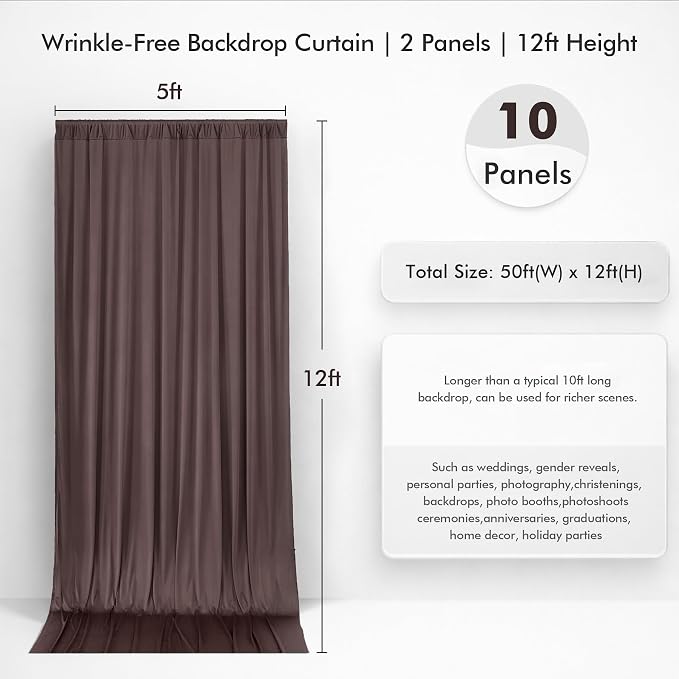 50ftx12ft Wrinkle Free Brown Backdrop Curtain,10 Panels 12FT Height Wedding Backdrop Drapes,Silky Polyester Back Drop Cloth for Birthday Photography Background Party Backdrop Draping