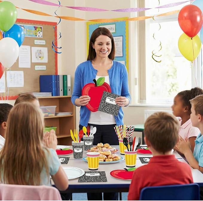 450 Pcs Preschool Kindergarten Back to School Tableware Set Decorations Apple Paper Plates Composition Notebook Napkins Pencil Cups Cutlery Straws for First Day Party Supplies, Serves 50