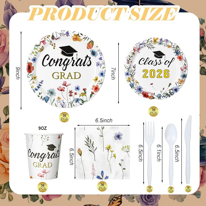 Yungyan 252 Pcs Wildflower Graduation Party Decorations Class of 2026 Congrats Grad Floral Graduation Plates Napkins Cups Forks Knives Disposable Tableware Set for College High School Party Supplies