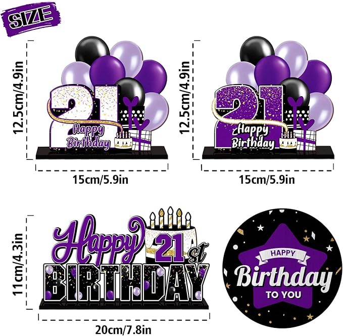 LINGTEER Happy 21st Birthday Purple Acrylic Table Topper Centerpieces Set - Cheers to 21 Years Old Birthday 21st Bday Party Gift Decorations.