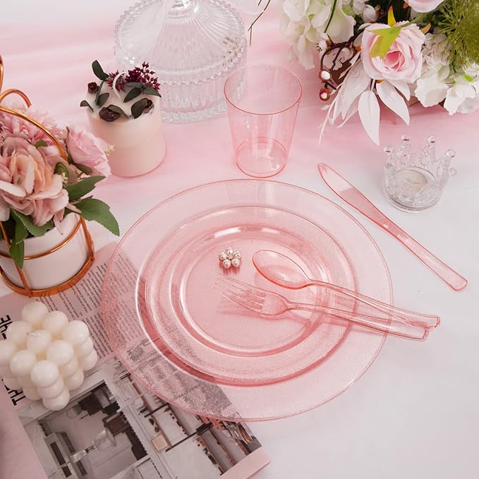 DaYammi 150PCS Pink Plastic Plates,Mother's Day Disposable Pink Dinnerware Set Clear pink Party plates with Silver Glitter Design Include 25 Dinner plates,25 Cake Plate,75 Cutlery,25 Cup for Party