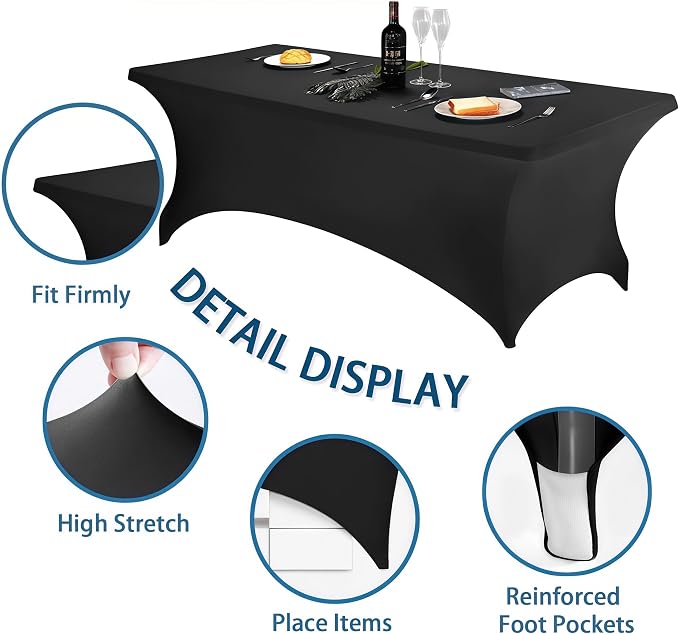 6FT Black Table Cloth - 6 Pack Fitted Stretch Rectangle Spandex Tablecloth, Washable Table Cover for Party, Picnic, Wedding, Banquet, Birthday and Festival(30" x 72")