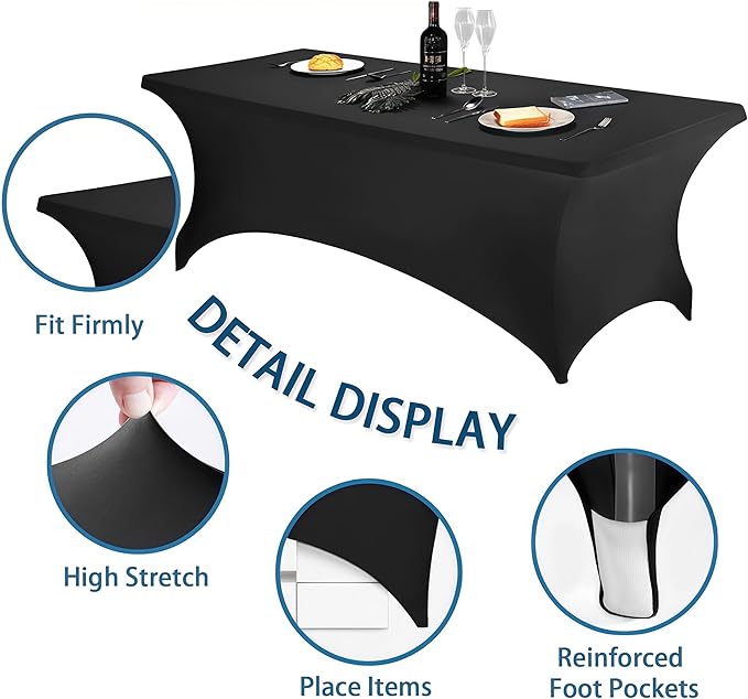 6FT Black Table Cloth - 2 Pack Fitted Stretch Rectangle Spandex Tablecloth, Washable Table Cover for Party, Picnic, Wedding, Banquet, Birthday and Festival(30" x 72")