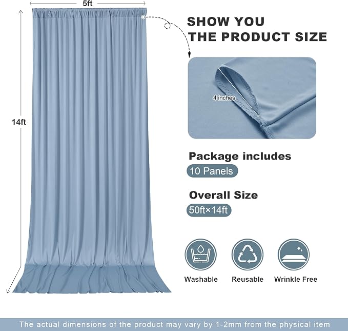 50x14ft Dusty Blue Backdrop Curtains for Wedding Party, 10 Panels 14 ft Long Back Drop Cloth, Wrinkle-Free Polyester Drapes for Birthday, Baby Shower, Stage Photography Background