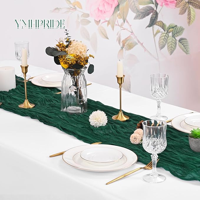 8 Pack Emerald Green Cheesecloth Table Runner 120 Inch 10FT Spring Boho Rustic Sheer Gauze Cheese Cloth Table Runner for Wedding Baby Shower Birthday Party Table Decor