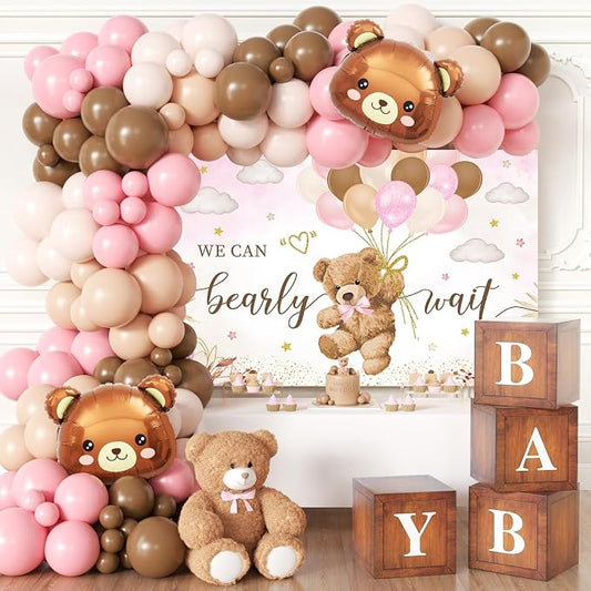 Pink Bear Baby Shower Decorations for Girl, 134pcs Bearly Wait Baby Shower Decorations with Pink Brown Balloon Arch Kit, Backdrop, Wood Grain Baby Boxes for Baby Girl Shower Decor