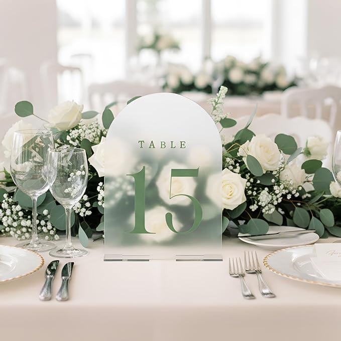 15 Pcs Frosted Arch Wedding Table Numbers with Stands 1-15, 5"x7" Acrylic Display Signs and Holders, Perfect for Centerpiece, Reception, Party, Anniversary, Banquet, Event (Sage Green)