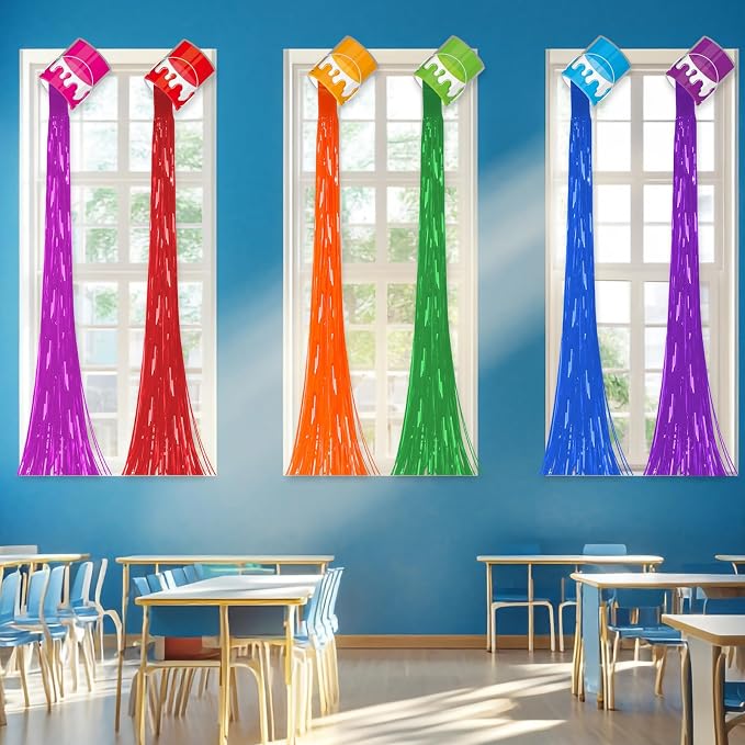 6 Set Art Paint Party Decoration Back to School Paint Cans with Rainbow Foil Fringe Curtains Art Theme DIY Colorful Splatter Backdrop Decoration for Birthday Classroom School Art Party Supplies