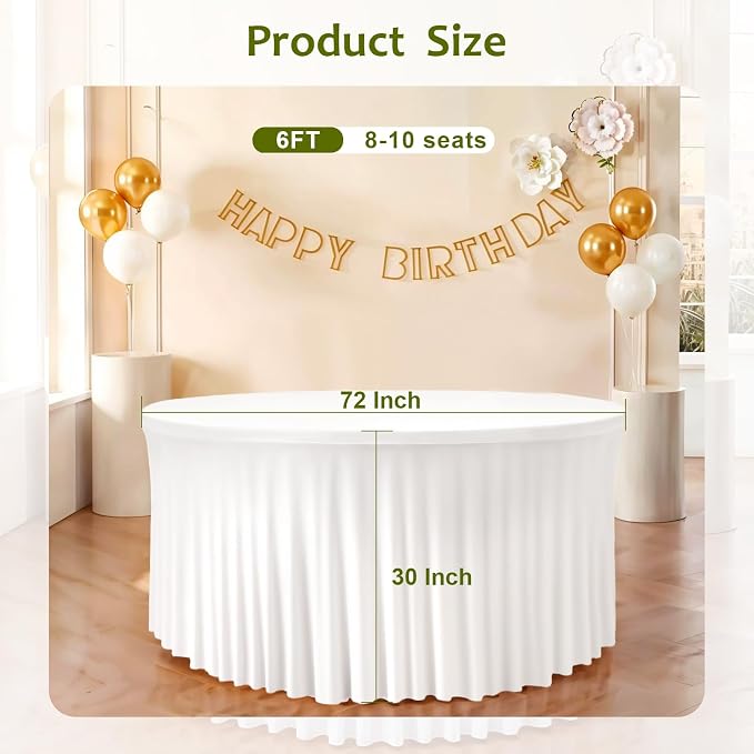 4 Pack White 72 inch Round Spandex Tablecloth, Wrinkle-Free Stretchy Fitted 6FT Round Tables,Elastic Edge with Skirt,Washable Table Cloths for Wedding Banquet Party Birthday Buffet