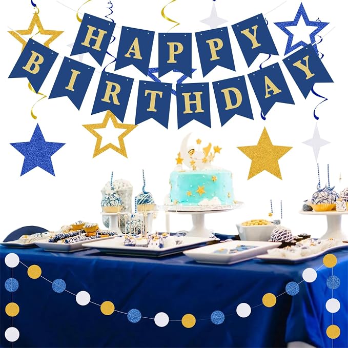 Navy-Blue White-Gold Birthday Party Decorations - 19pcs Men Boys Streamers Banner,Paper Star Garland Lanterns Honeycomb Fan,Tissue Pom Poms,Wall Ceiling Backdrop Supplies Ouruola