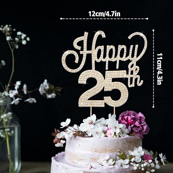 LINGTEER Happy 25th Birthday Gold Rhinestone Cake Topper - Cheers to 25th Birthday 25 Years Old Anniversary Party Cake Centerpieces Topper Decorations Gift Sign.