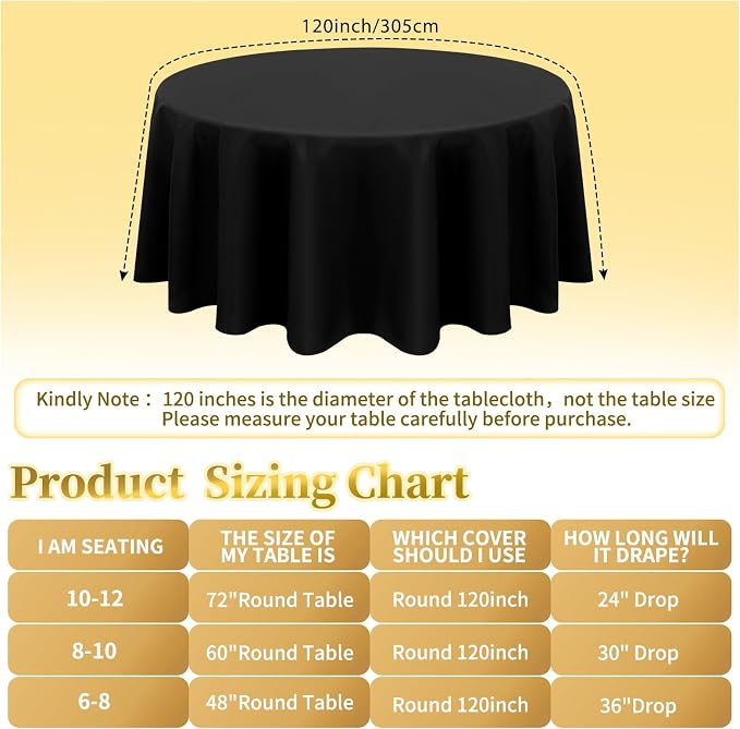 12 Pack Round Tablecloth 120 inch Black Table cloths for Round Tables,Stain and Wrinkle Resistant Washable Polyester Tablecloths Black Table Cloth 120 Inch Round Table Cloth for Wedding Party Birthday