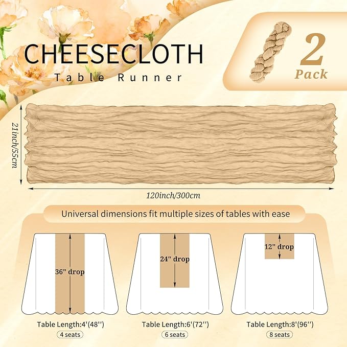 2 Pack Cheesecloth Table Runner 10FT Nude Table Runner Boho Gauze Cheese Cloth Table Runners Long Rustic Sheer Table Decorations for Wedding Party Baby Bridal Shower Birthday Holiday Home