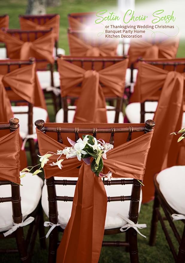 120 PCS Terracotta Satin Chair Sashes, Ties Bows Designed Chairs Decorative, Chair Cover Sashes for Thanksgiving Wedding Christmas Banquet Party Home Kitchen Decoration (7 x 108 inch)