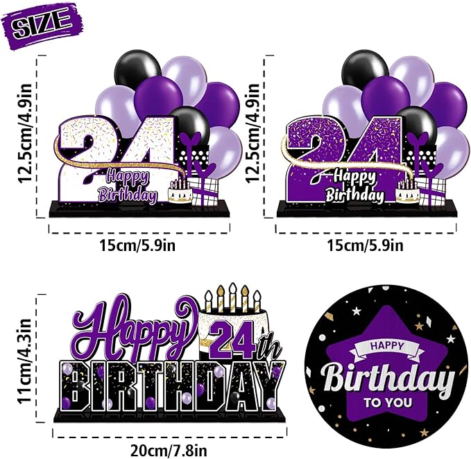 LINGTEER Happy 24th Birthday Purple Acrylic Table Topper Centerpieces Set - Cheers to 24 Years Old Birthday 24th Bday Party Gift Decorations.