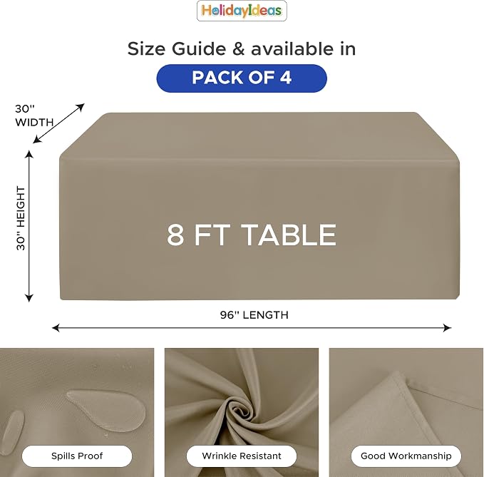 HolidayIdeas 4-Pack 8ft Taupe Rectangle Craft Shows Fitted Tablecloth | Wrinkle resistant table covers; bulk quantity pack for professional trade exhibition displays or vendor booths