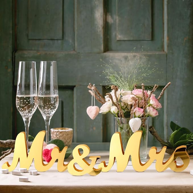 Yuntau Mr & Mrs Table Sign with Acrylic Mirror Wooden Freestanding Letters Sweetheart Table Decorations & Photo Props for Wedding Anniversary Parties Photo Props, Rustic Shower Gift(Gold)