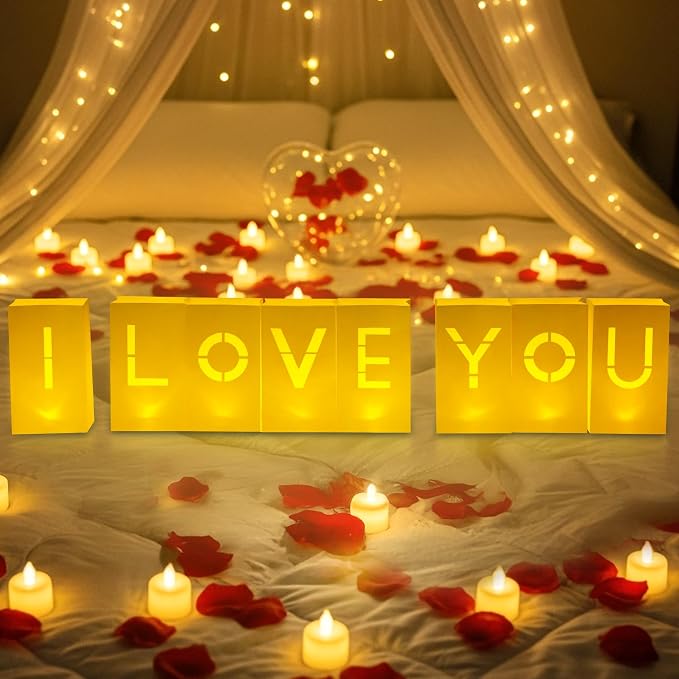 I Love You Light Up Letters - Luminary Paper Bags to be Used as Anniversary Decorations and Valentines' Day Decorations for Your Loved One