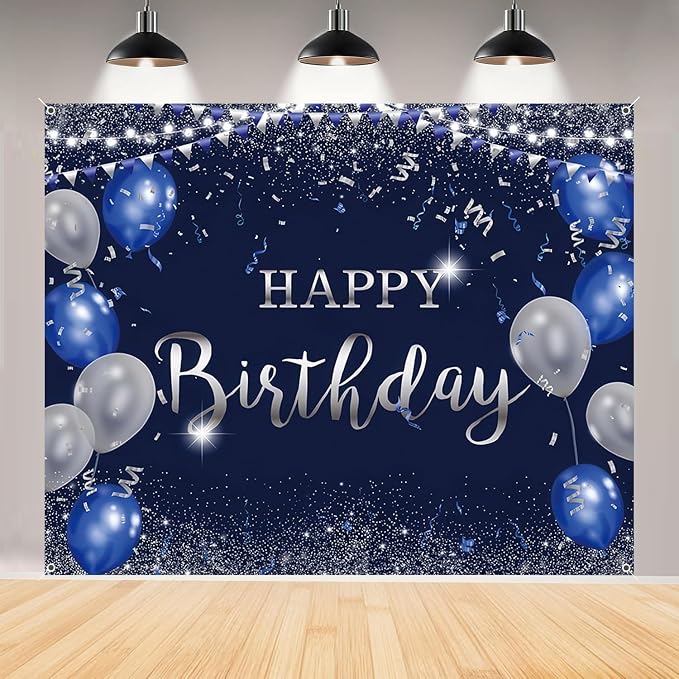 Happy Birthday Banner Backdrop for Men Boys Navy Blue and Silver Party Decorations Background Poster for Women Girls Supplies Polyester Fabric Indoor Outdoor 8x6ft