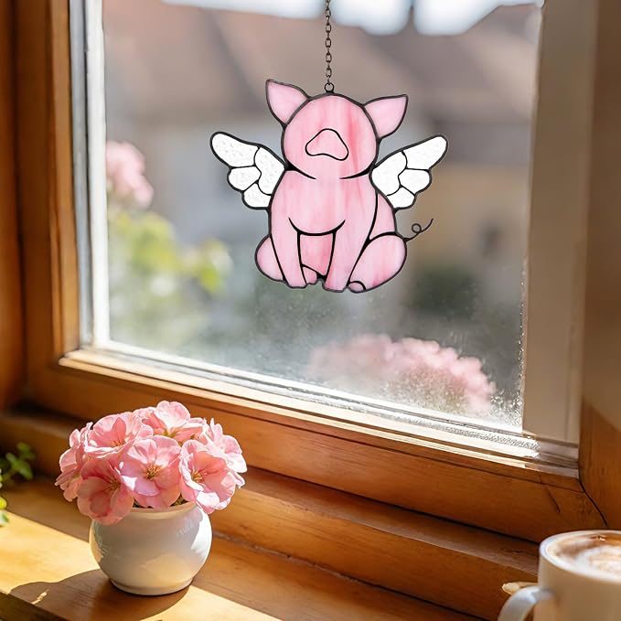 Flying Pig Suncatcher, Stained Glass Window Hanging Decor, Handmade Gift for Pig Lovers Women Mom - Funny Animal Party & Nursery Decoration