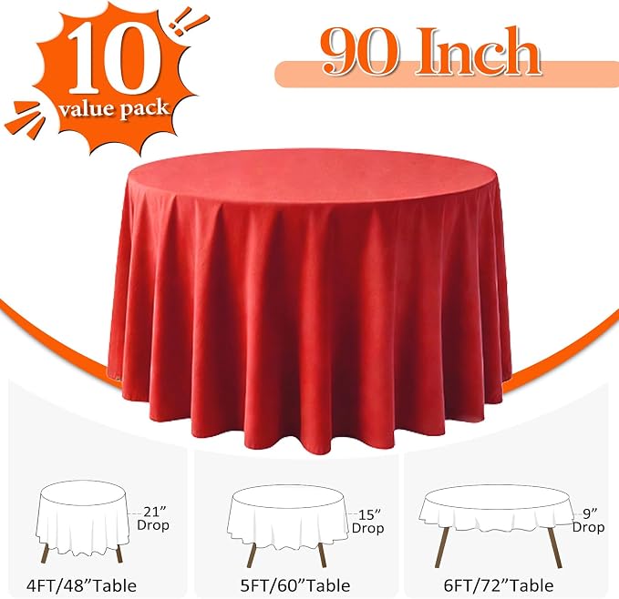 10 Pack Red Round Tablecloth 90 Inch Round Table Cloth Wrinkle Resistant Red Tablecloth Washable and Reusable Polyester Fabric Table Covers for Banquet Wedding Party Dining Buffet