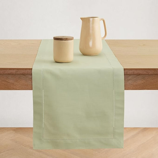 Solino Home Sage Table Runner 90 Inches Long - Cotton Linen Hemstitch 14 x 90 Inch Table Runner for Spring, Summer, Mothers Day