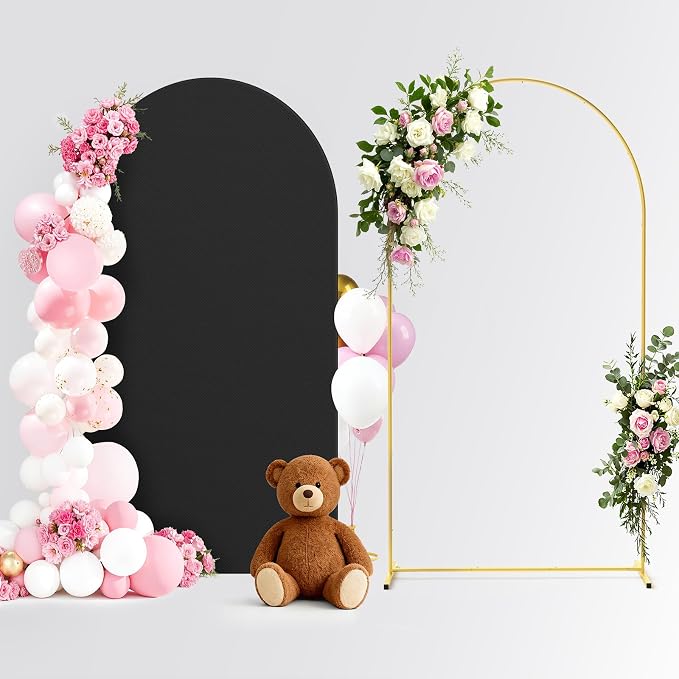 Pureegg Arch Backdrop Stand and Cover Set - 7.2FT Gold Metal Frame with Black Fabric Cover, Easy-to-Assemble Wedding Arch Stand for Parties and Celebrations