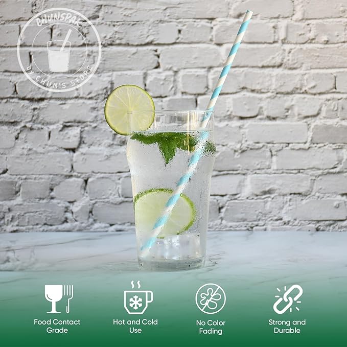 Aqua Paper Straws 10 Inch Extra Long - for Tall Drinks, Baby Shower, Parties, Cocktails - 100 Counts
