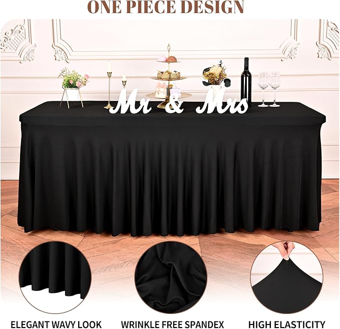 fani 2 Packs Black Stretch Table Skirts for 6 Foot Rectangle Table, Washable Spandex Stretch Tablecloths with Skirt, Wrinkle Resistant Fitted Tablecover for Wedding Party Banquet