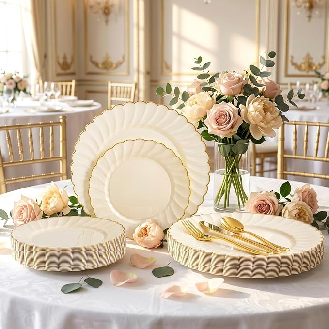 YOUBET 175PCS Ivory Scalloped Plastic Plates - Gold Disposable Dinnerware Set Include 50 Plates, 75 Gold Silverware, 25 Cups, 25 Napkins for Party & Wedding