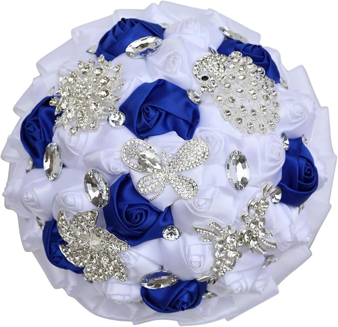 Bridal Wedding Bouquet with Bling Rhinestone Brooch Satin Rose Flower Bouquet for Bride Bridesmaid Quinceanera Wedding Royal Blue and White 9.5in