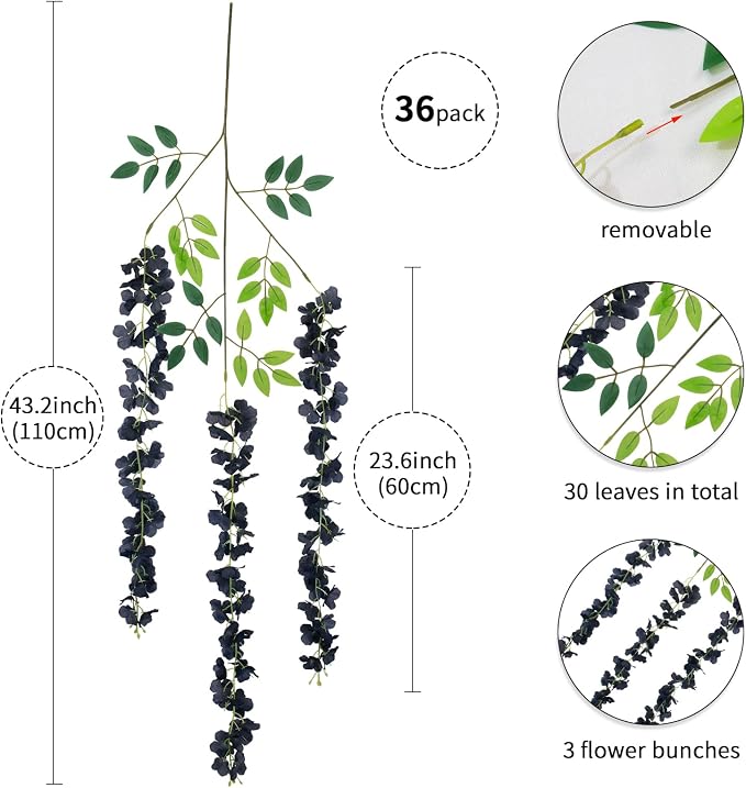 36 Pack Black Wisteria Hanging Flowers Fake Hanging Flowers Artificial Wisteria Garland Vines for Wedding Room Backdrop Outdoor Patio Garden Decoration (Black)
