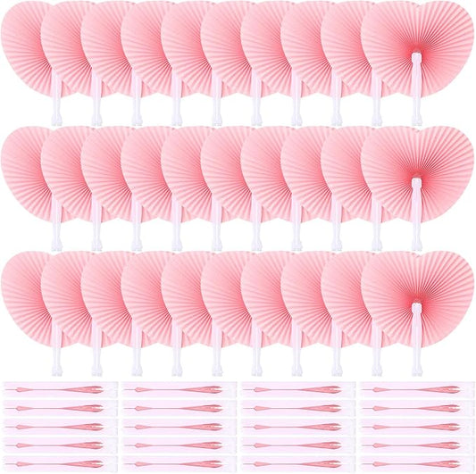 Blulu 60 Pack Wedding Decorative Paper Folding Hand Fan Handheld Heart Wedding Foldable Fan Chinese and Japanese Decoration Bulk for Bridal Guest Summer Dancing Birthday Party Favors(Pink)