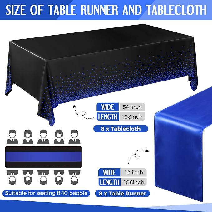 Breling 16 Pack Black and Blue Disposable Plastic Tablecloths and Satin Table Runner Set, 54 x 108 Inch Tablecloth, 12 x 108 Inch Table Runners for Wedding Graduation Birthday Baby Shower New Year