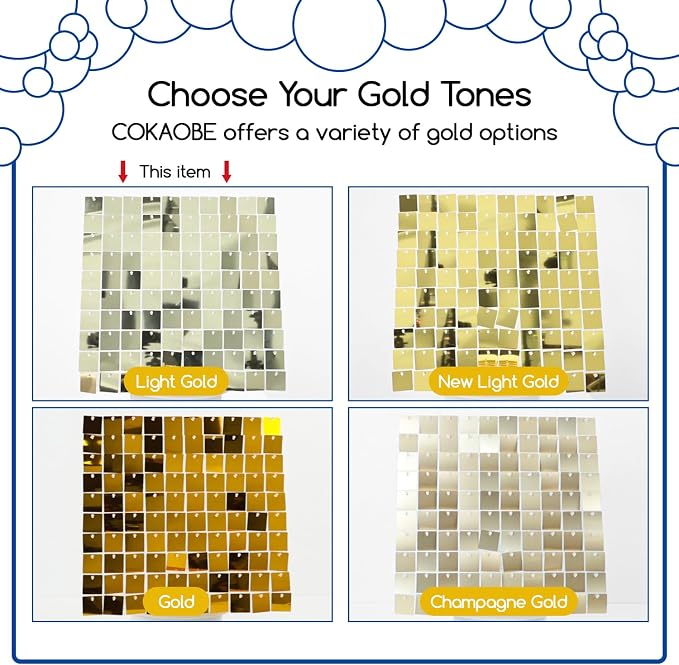COKAOBE Light Gold Shimmer Wall Backdrop, 24PCS Square Sequin Shimmer Backdrop Panel, Photo Backdrops for Birthday, Anniversary, Wedding, Graduation & Bachelorette Party Decoration